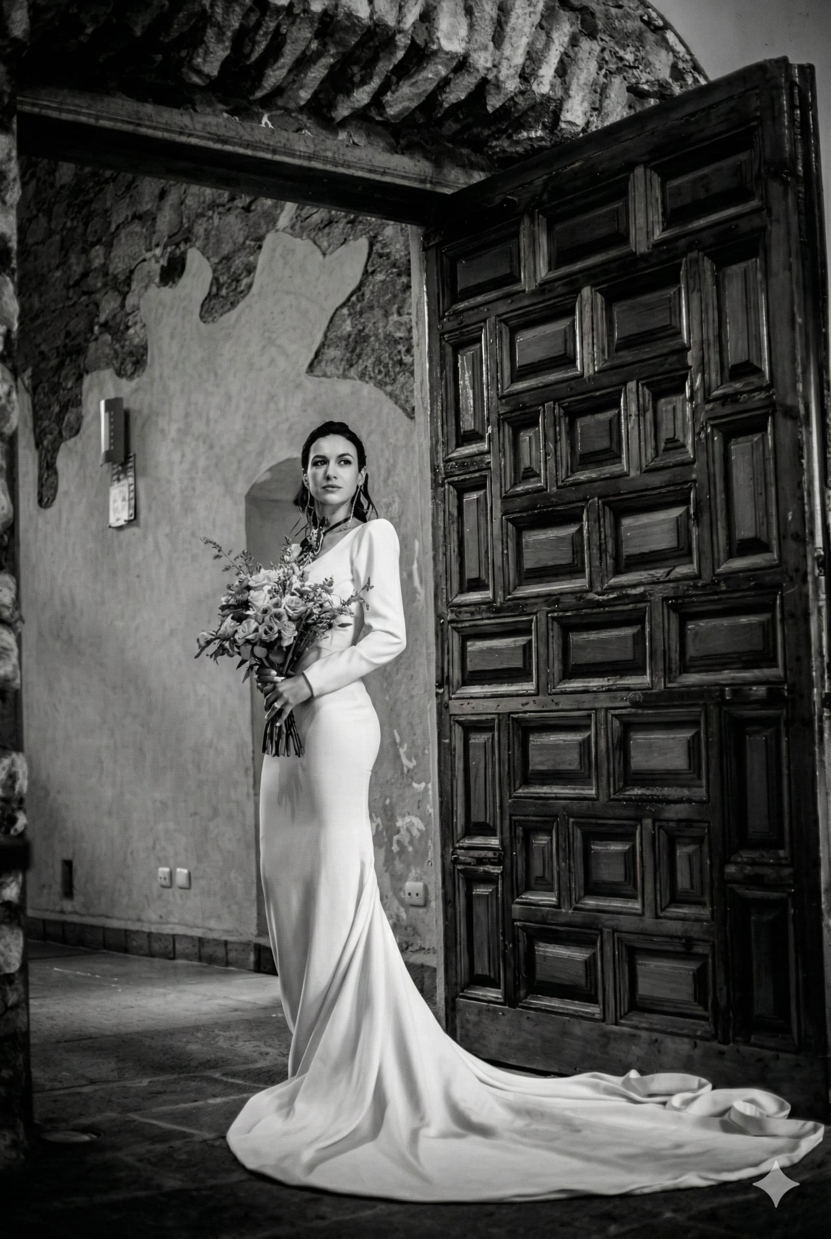 Novia en blanco y negro frente a un portón antiguo de madera tallada, en una casona poblana
