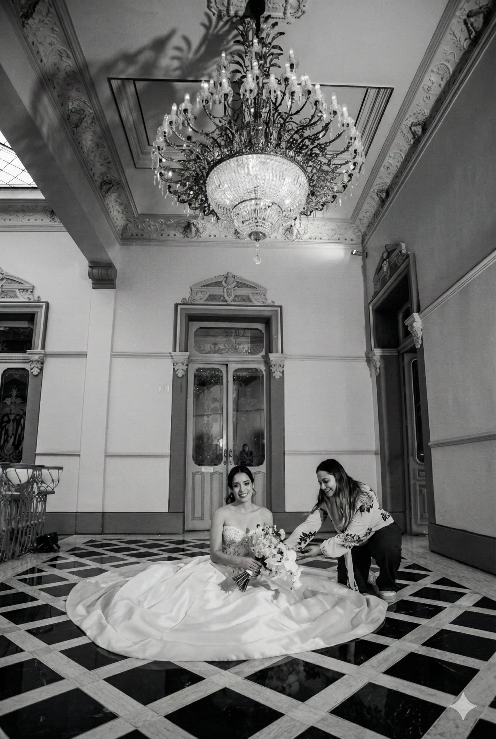 El equipo acomoda el vestido de una novia bajo un candil, en blanco y negro