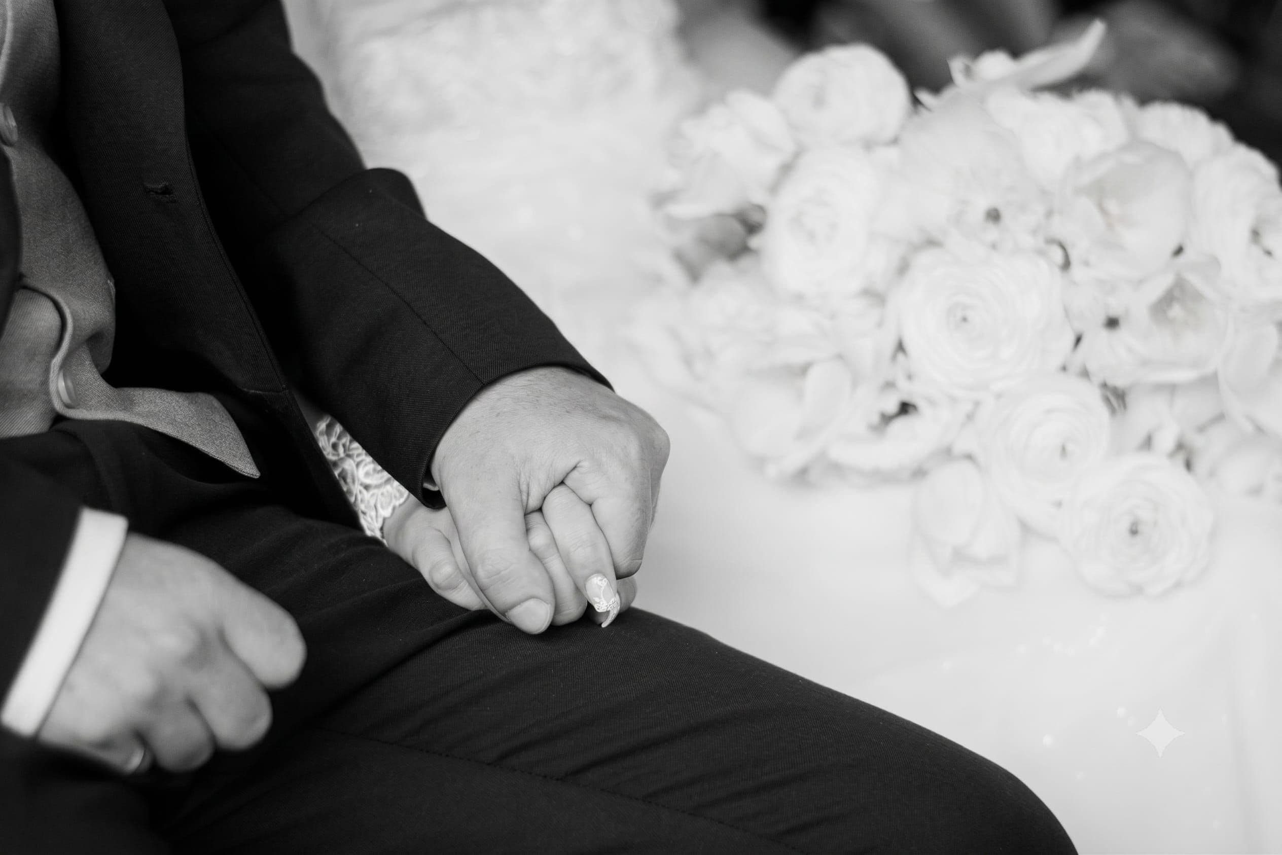 Manos de los novios y el ramo, detalle en blanco y negro de una boda de Clhei
