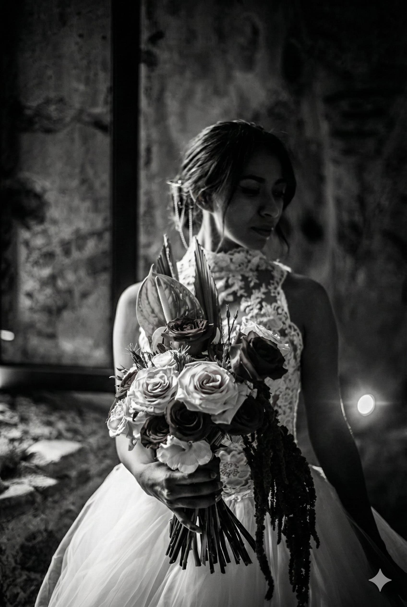 Bride holding her bouquet against a stone wall at night, in black and white